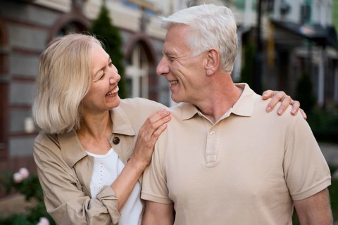 Smiley elder couple taking walk city together