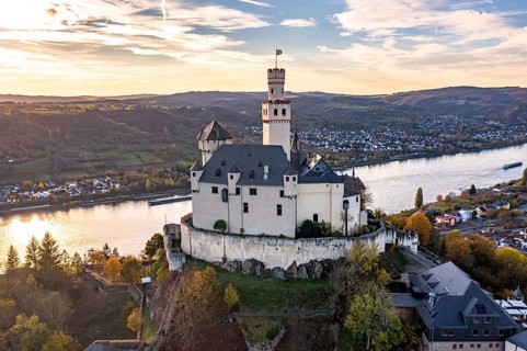 Aerial view of the Rhine Valley with the Marksburg Castle, Braubach, UNESCO World Heritage Site,
