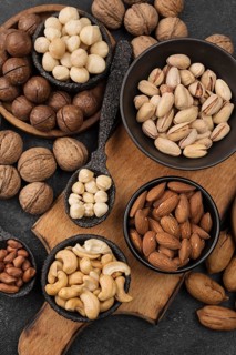 Organic nuts snack bowls wooden board