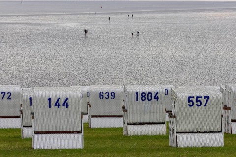 White beach chairs on the dyke and sand walkers, people walk on sand at low tide in front of Büsum,