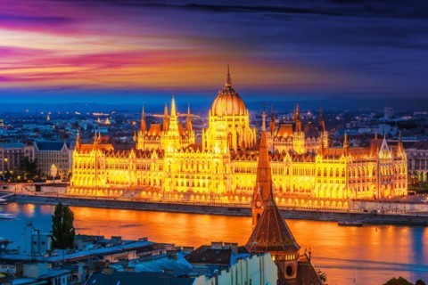 Panoramic view of Budapest with Hungarian Parliament Building on the bank of the Danube after