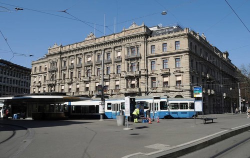 Zurich's Paradeplatz in the financial centre in times of Corona Virus log down with no crowds and