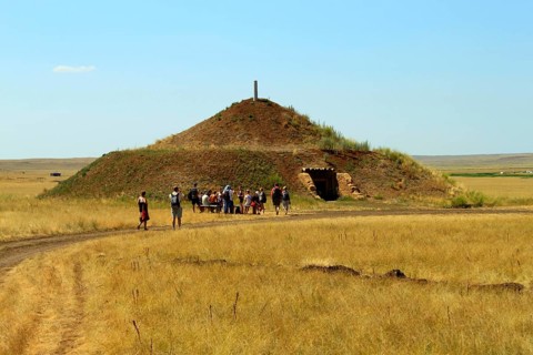 Reconstruction of a Bronze Age kurgan, Arkaim, Chelyabinsk Oblast, Siberia, burial mound, barrow,