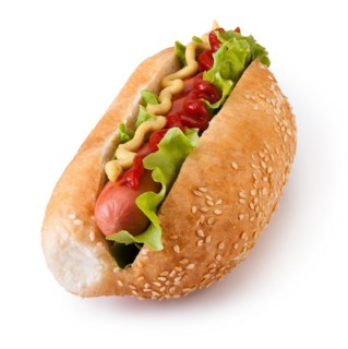 Hot dog with ketchup and mustard on white background