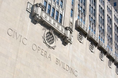 Iconic building architecture on the Civic Opera Building in Chicago, Illinois, USA, North America