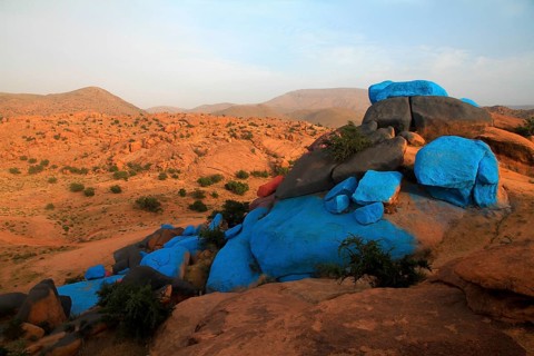 Parts of the Painted Rocks artwork near Tafraoute in Antiatlas Morocco