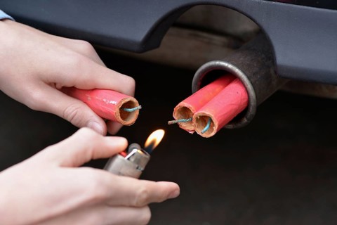 Chinese firecrackers in car exhaust, lighter, firecrackers, fireworks, firecrackers, Chinese
