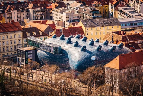 Graz, Austria, 10.03.2020: The top of the Kunsthaus art museum in Graz Austria stands in contrast