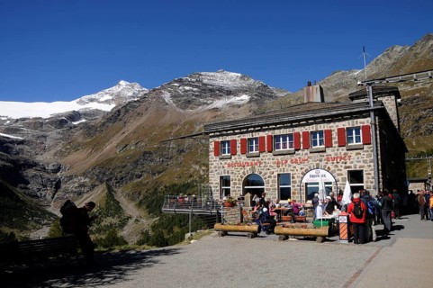 Mountain restaurant on Alp Grüm near Bernina Hospitz in the Swiss Alps