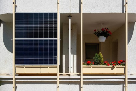 Solar panel on a balcony in Düsseldorf, North Rhine-Westphalia, Germany, Europe