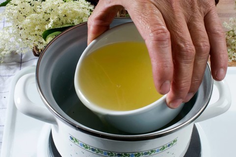 Elder (Sambucus nigra), production of elderberry ointment, pot, cooking pot, stove, oven