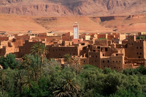 Village at the outlet of the Todhra Gorge at the foot of the High Atlas Mountains Morocco