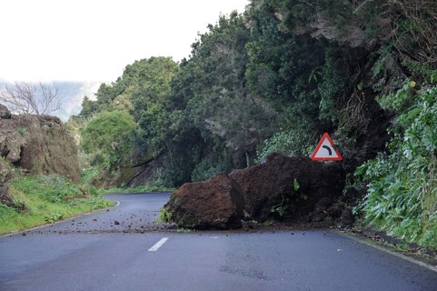 Landslide on road, El Hierro, Canary Islands, Spain, Europe