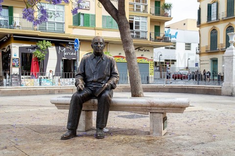 Malaga, Spain, May 24, 2019: Bronze statue of famous painter and sculptor Pablo Picasso. It was