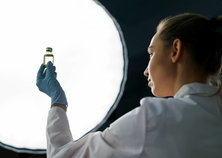 Female researcher laboratory holding vaccine bottle light