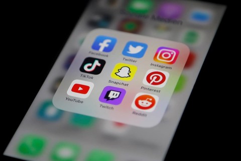 Social media icon, detailed view of a smartphone with social media apps, Facebook, Twitter,