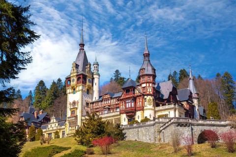 Peles castle landscape autumn view in Sinaia, Transylvania, Romania, Europe