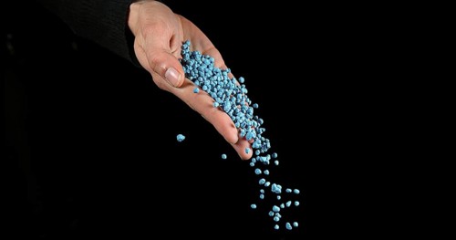 Hand of Woman with Soil Fertilizer against Black Background