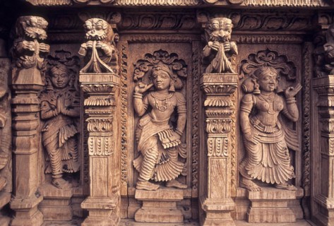 17th century wooden carvings in Meenakshi-Sundareswarar temple Chariot at Madurai, Tamil Nadu,