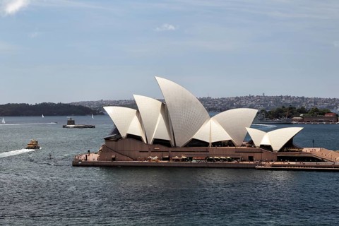 The Sydney Opera House on Sydney Harbour, Australia, as seen from the Sydney Harbor Bridge, Oceania