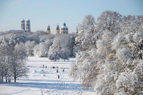 English Garden with Church of Our Lady and Theatine Church in winter, snow, reworked, Munich,
