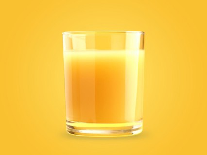 Glass of tasty organic orange juice on a yellow background, healthy food concept