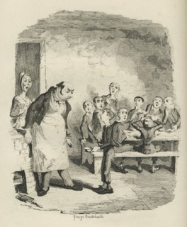 Oliver asking for more. 19th century illustration from Charles Dickens Oliver Twist. Illustration