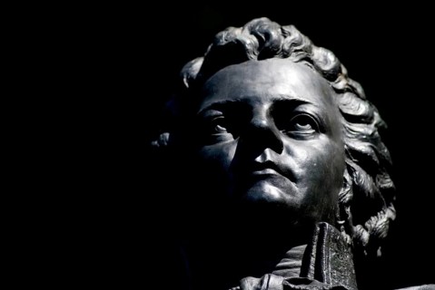 Closeup of Bronce Portrait of Wolfgang Amadeus Mozart on Kapuzinerberg, Salzburg, Austria, Europe