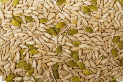 Background photograph top view of a pile of peeled pumpkin and sunflower seeds