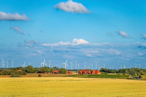 Rural scene with wind turbines behind a golden yellow field and farmhouses under a cloudy blue sky,
