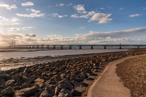 The Prince of Wales Bridge, leading the M4 over the River Severn, seen from Severn Beach, South