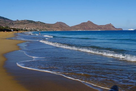 Sandy beach beach with waves, Atlantic Ocean, Porto Santo Island, Madeira