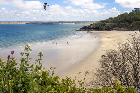 ST IVES, CORNWALL, UK - MAY 13 : View of Porthminster beach in St Ives, Cornwall on May 13, 2021.