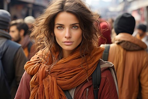 Portrait, Young woman with brown hair at a bazaar, brown scarf, green shining eyes, AI generated