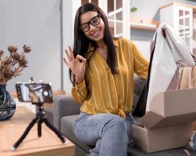 Vlogger home unboxing clothes with smartphone
