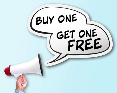 shouting BUY ONE GET ONE FREE using bullhorn, BOGO discount concept