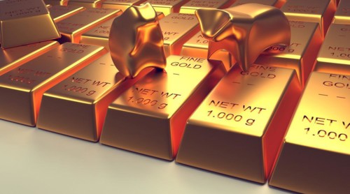 Stacked fine gold bars with abstract bear and bull on a bright background, 3d rendering, financial