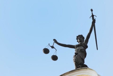 Statue of Lady Justice seen on the old town hall of Ingolstadt