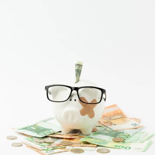 Broken piggy bank wearing glasses