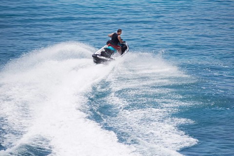Spain, Majorca, Balearic Islands, Calvia region, Santa Ponca, Port Adriano, jet ski, on the sea, at