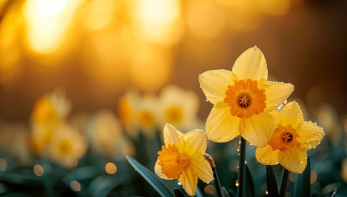 Golden hour light shines through fresh daffodils, duke of rothesay narcissus with water droplets,