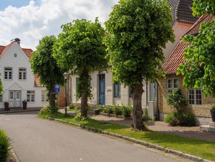 Green trees and charming houses line a quiet, sunny street with well-tended front gardens, arnis,