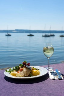 Fish dish Bodenseefelchen at the Rebmannshof restaurant in Maurach on Lake Constance,