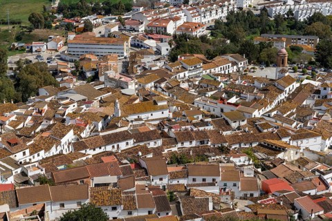 Jimena de la Frontera, Spain - 9 March, 2022: whitewashed village of Jimena de la Frontera high