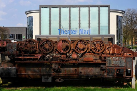 Sculpture 'La Tortuga', by Wolf Vostell, Marl Theatre, Marl, Ruhr Area, North Rhine-Westphalia,