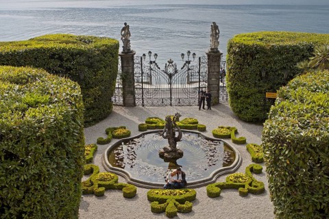 Fountain, botanical garden, Villa Carlotta, view of Lake Como, Tremezzo, Como Province, Lombardy,
