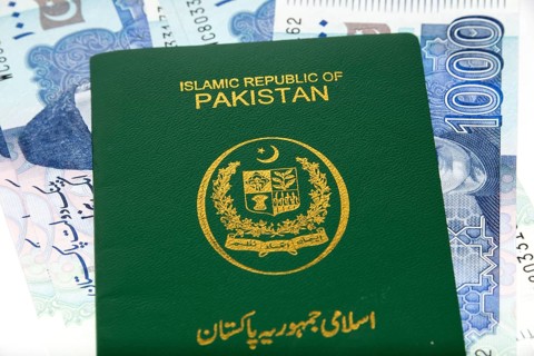 A Pakistani Passport on Currency notes in Pakistani Rupees