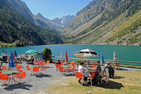 Restaurant, Lac de Gaube, mountain lake, Cauterets, Midi Pyrenees, Pyrenees, Hautes-Pyrenees
