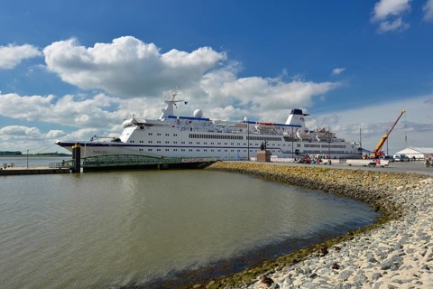 Cruise ship MS Berlin on jetty Seebäderkaje on the river Weser, Bremerhaven, Bremen, Germany,