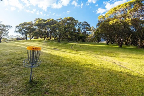 Lake Crackenback disc golf course in late afternoon light in Kosciuszko National Park in New South